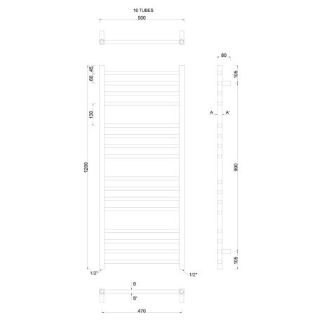 SAPHO METRO fürdőszobai radiátor, 500x1200mm, 347W,króm