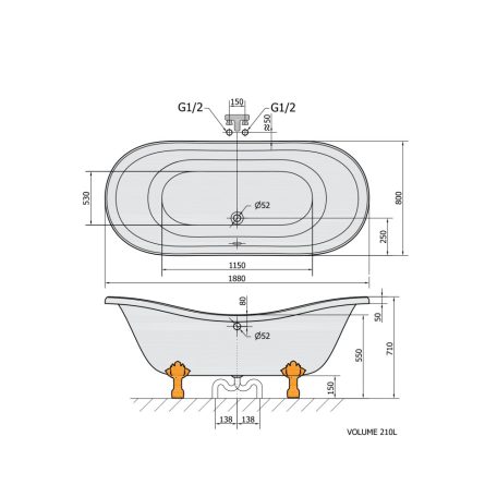 SAPHO POLYSAN CHARLESTON szabadonálló kád, 188x80cm, bronz lábbal