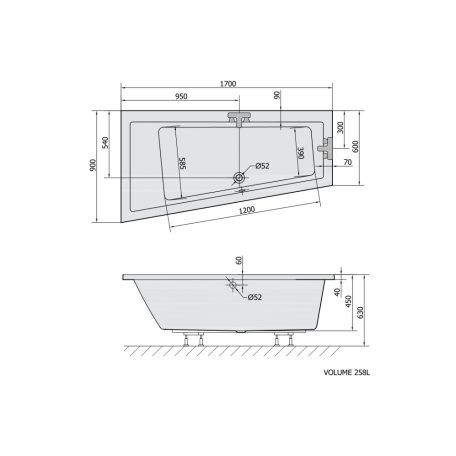 SAPHO POLYSAN ANDRA L asszimetrikus kád, balos, 170x90x45cm