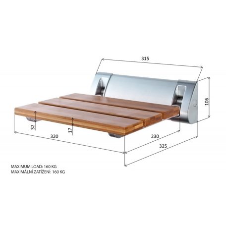 SAPHO AQUALINE felhajtható zuhanyülőke, 32x23cm, max:160kg, bambusz