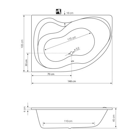 SAPHO AQUALINE CIDLINA kád, láb nélkül, balos, 150x105x45cm, akril