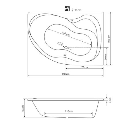 SAPHO AQUALINE CIDLINA kád, láb nélkül, jobbos, 150x105x45cm, akril