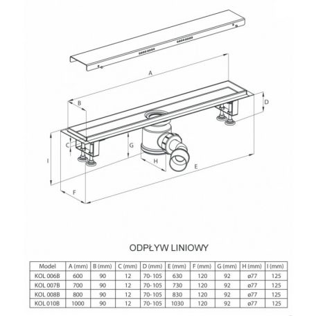 06 KOL006B Zuhanyfolyóka, acél fedlappal, szifonnal, hosszúság: 600 mm
