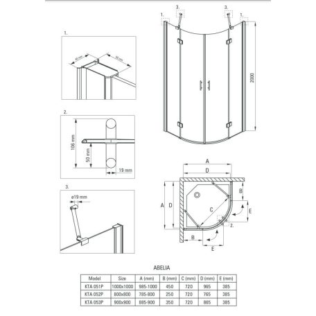 Deante ABELIA Zuhanykabin 90x90x200 íves, Átlátszó,  Króm, Vízlepergető