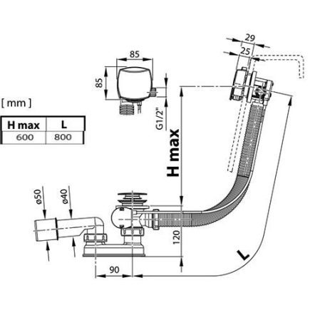 Ravak Kádfeltöltős le-/túl- folyó rendszer 800 szögletes túlfolyó, bowdenes leeresztő, króm