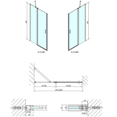 SAPHO POLYSAN ZOOM LINE BLACK zuhanyajtó, 1000mm, transzparent, fekete