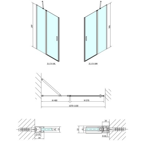 SAPHO  POLYSAN ZOOM LINE BLACK zuhanyajtó, 1100mm, transzparent, fekete 