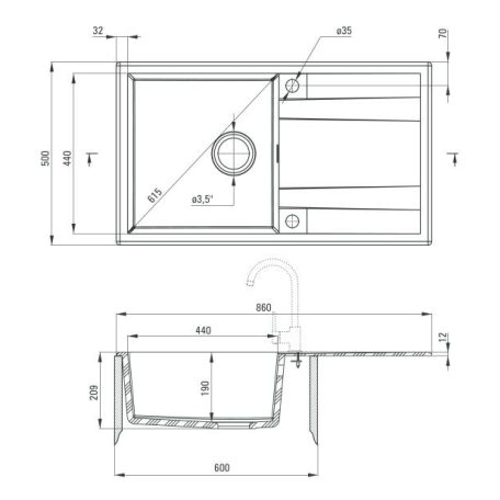 Deante ERIDAN Gránit mosogató, 1 medence + csepegtető, metál fekete, 860 x 500 mm