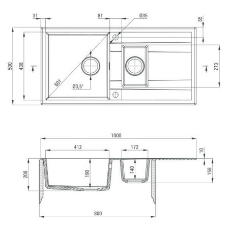 Deante ERIDAN Gránit mosogató, 1,5 medence + csepegtető, metál fekete, 1000 x 500 mm