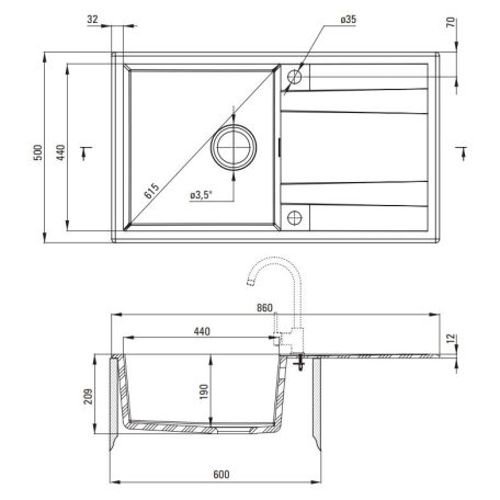 Deante ERIDAN Gránit mosogató, 1 medence + csepegtető, 860 x 500 x 209 mm, Nero 