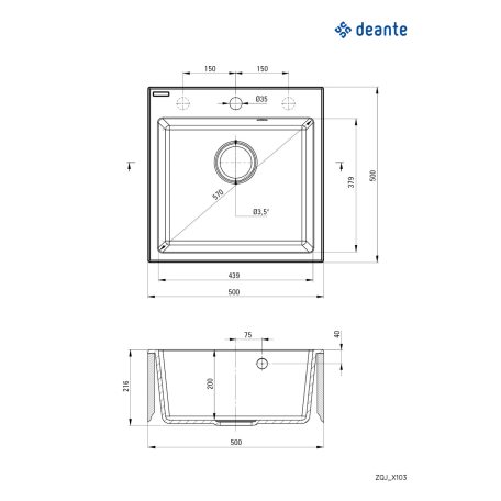 Deante EVORA Gránit mosogató 1med, 500X500X216, ALABÁSTROM (Br.listaár:76490,Ft)