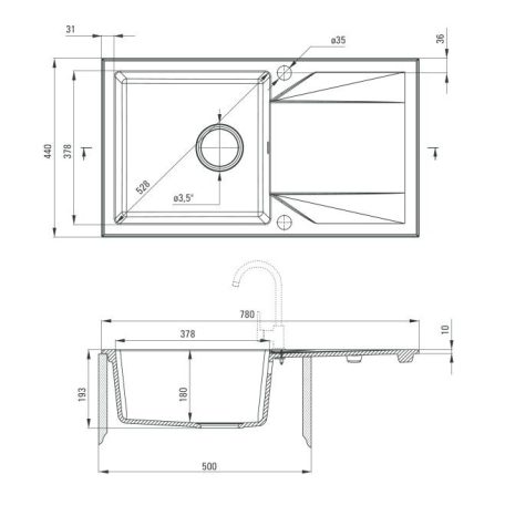 Deante EVORA  Gránit mosogató, 1 medence + csepegtető, 780 x 440 x 180 mm ALABÁSTROM