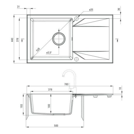 Deante EVORA Gránit mosogató, 1 medence + csepegtető, 780x440 mm, metál fekete