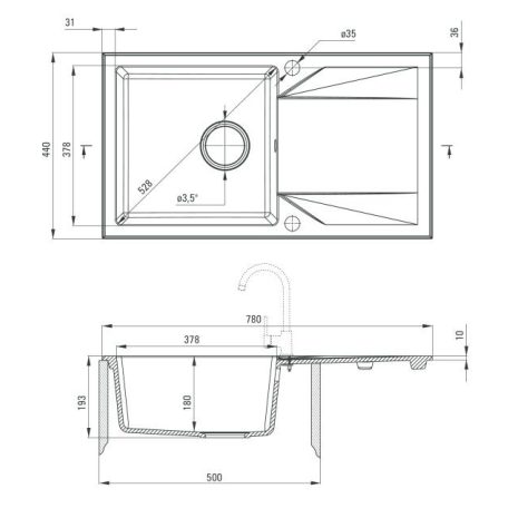 Deante EVORA  Gránit mosogató, 1 medence + csepegtető, 780 x 440 x 180 mm NERO