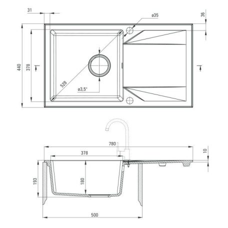 Deante EVORA Gránit mosogató, 1 medence + csepegtető, 780x440 mm, szürke