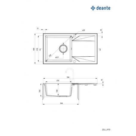 Deante EVORA  Gránit mosogató, 1 medence + csepegtető, 780 x 440 x 180 mm ANTRACIT