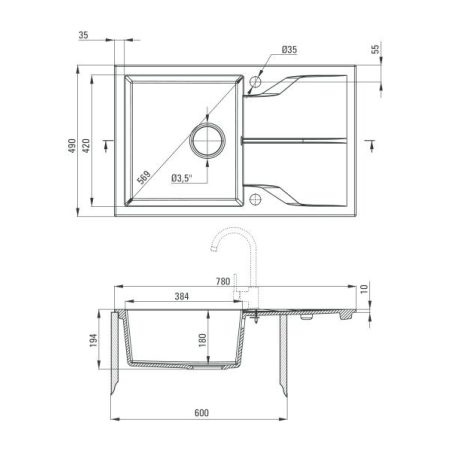 Deante ANDANTE Gránit mosogató 1 medence + csepegtető, 780x490 mm, fekete
