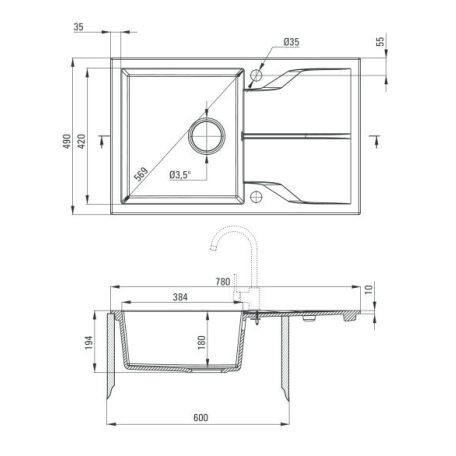 Deante ANDANTE Gránit mosogató 1 medence + csepegtető, 780 x 490 mm, metál szürke