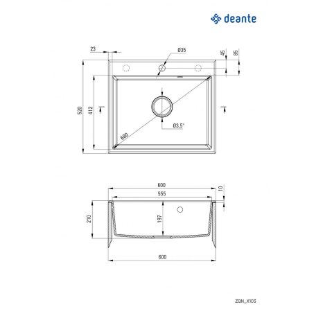 Deante ANDANTE Gránit mosogató, 1 medence, Antracit, 600 x 520 mm