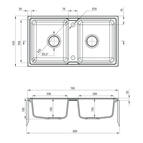 Deante ENIGMA Gránit mosogató, szögletes 2 medence, 780 x 435 x 180 mm BÉZS