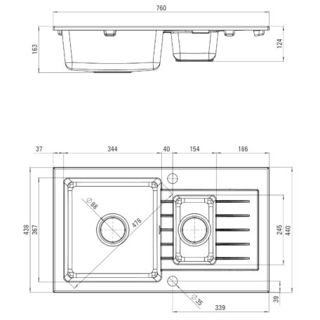 06 ZQZA513 ZORBA 1 medence + gyümölcsmosó + csepegtetős, szögletes gránit mosogató, szifonnal, 