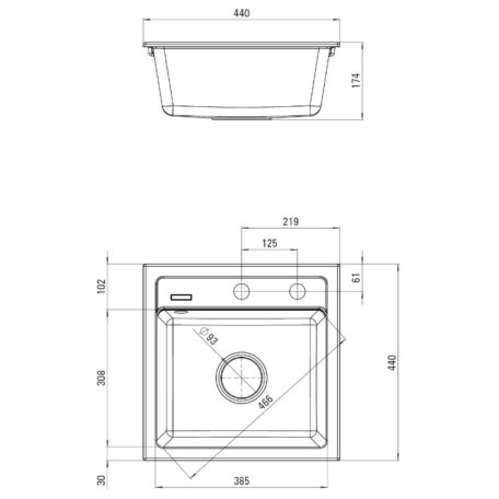 06 ZQZS103 ZORBA 1 medencés, szögletes gránit mosogató, szifonnal, leeresztővel, 440 x 445 x 17