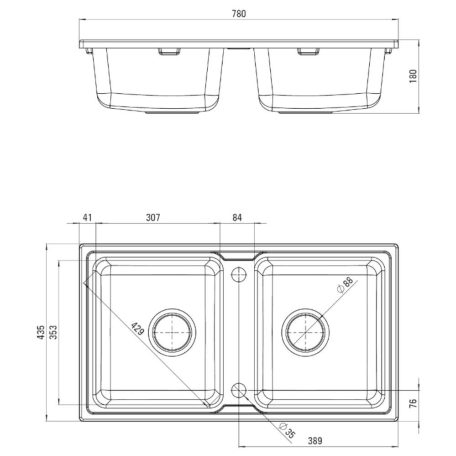 06 ZQZS203 ZORBA 2 medencés, szögletes gránit mosogató, szifonnal, leeresztővel, 780 x 435 x 18